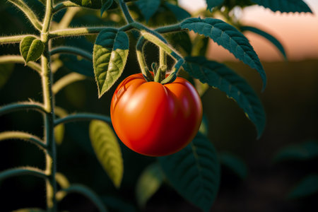 Ripe red tomato growing on a branch in the garden at sunsetの素材