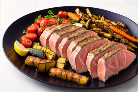 Grilled tuna fillet with grilled vegetables on a black plate.の素材