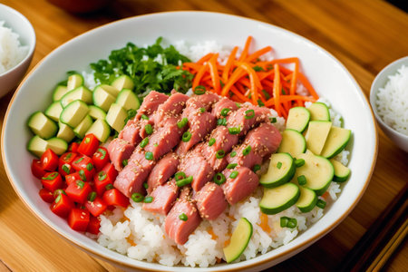 Hawaiian tuna poke bowl with rice, cucumber, carrot and herbsの素材