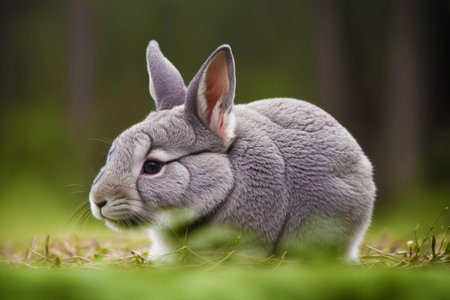 Little gray rabbit sitting on the grass and looking at the camera.の素材