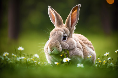 Cute rabbit on a green meadow with daisies.の素材