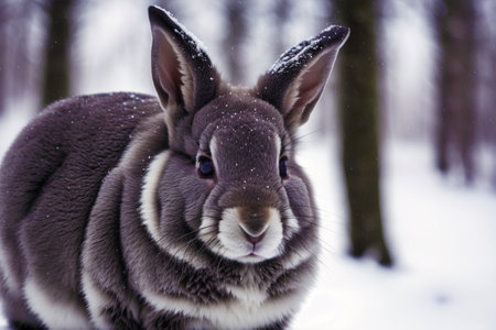 Cute rabbit in winter forest. Close-up portrait of a rabbit.の素材