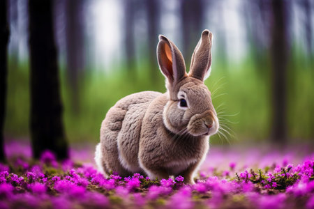 Rabbit in the forest with purple flowers. Easter holiday background.の素材