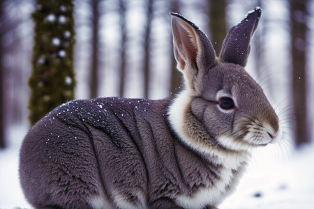 Cute rabbit in winter forest. Animal in the nature habitat.の素材