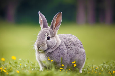 Cute grey rabbit on a meadow full of dandelionsの素材