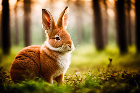 Rabbit in the forest at sunset. Animal in nature. Easter bunny.の素材