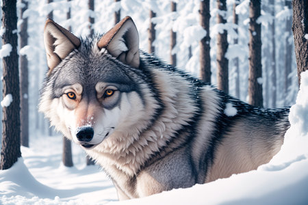 Portrait of a beautiful wolf in the winter forest. Toned.の素材