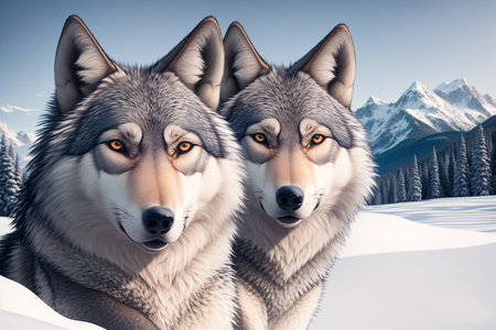 Portrait of two beautiful wolfs in the mountains. 3D renderingの素材
