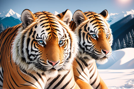Two tigers in the snow. The concept of the new year.の素材