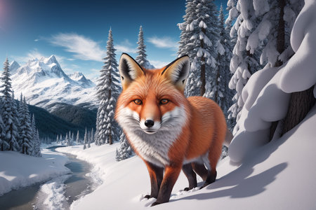 Red fox in the snowy forest. 3d render. Nature background.の素材