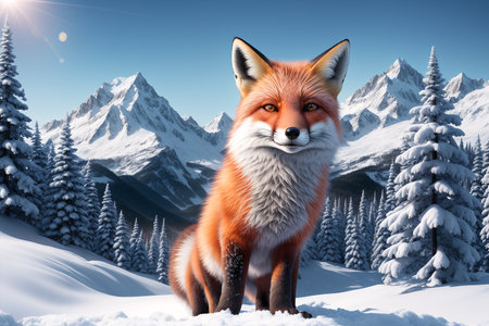 Red fox in the snowy mountains. 3d rendering. Computer digital drawing.の素材