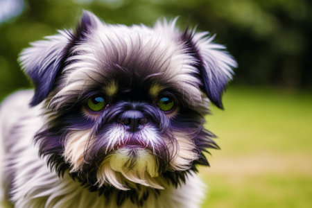 Portrait of a Shih Tzu dog with green background.の素材