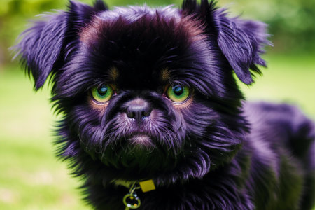 Portrait of a cute black dog with green eyes, close-upの素材