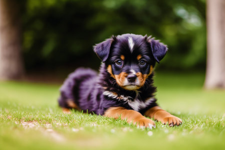 Puppy of australian shepherd on green grass in gardenの素材