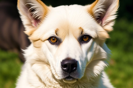 Portrait of a white Swiss Shepherd dog with yellow eyes on a green backgroundの素材