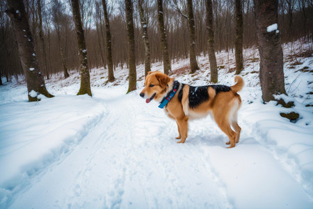 Dog in the winter forest. Beautiful dog walks in the winter forest.の素材