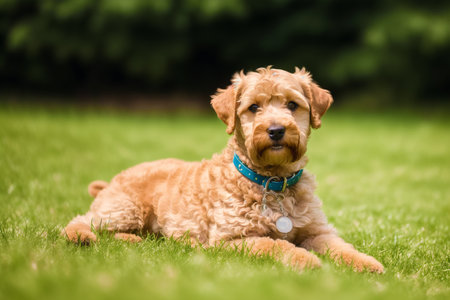 Airedale Terrier puppy sitting on the grass in the garden.の素材