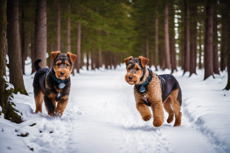 Two dogs of breed Airedale Terrier running in winter forestの素材