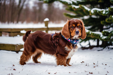 Cavalier King Charles Spaniel standing in the snow in winterの素材