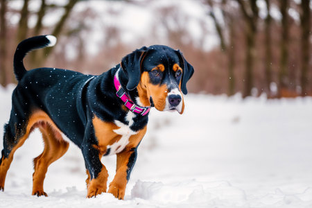 Portrait of a Bernese Mountain Dog standing in the snow in winterの素材