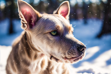 Close-up portrait of a golden retriever dog in the snowの素材