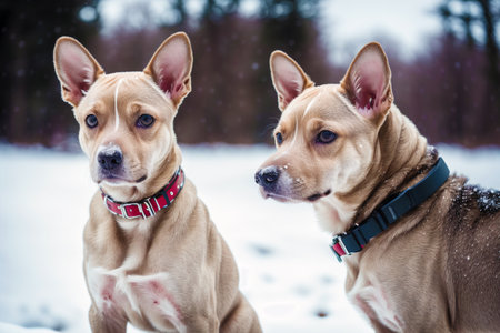 Two dogs playing in the snow in winter. Shallow depth of field.の素材