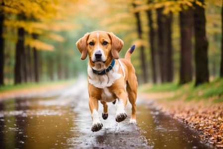 Beagle dog running on a wet road in the autumn forest.の素材