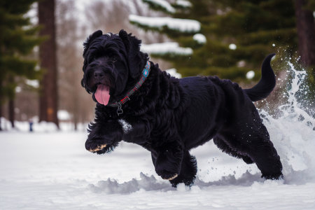 Portrait of a Cute Black Russian Terrier dog in the park.  Generative AIの素材