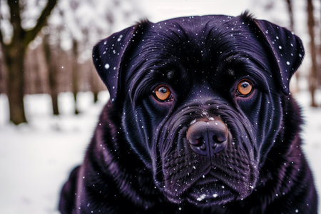 Portrait of a big black dog on a background of the winter forestの素材