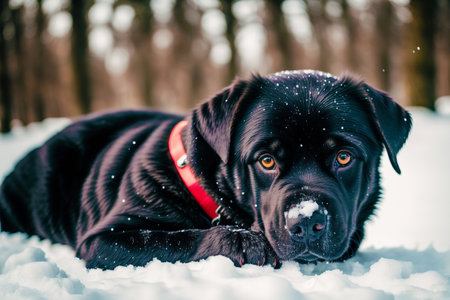 Black Labrador Retriever lying on the snow in the winter forestの素材