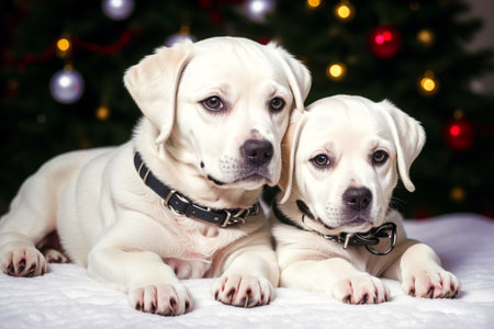 Labrador retriever puppies in front of a christmas tree.の素材