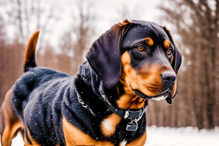 Portrait of a purebred rottweiler dog in the snowの素材
