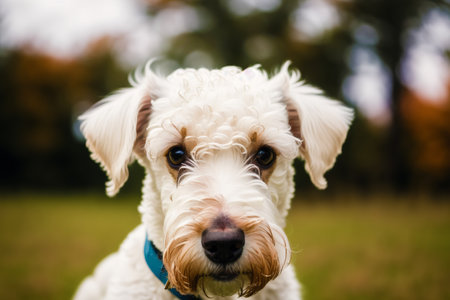 Portrait of a cute white dog with blue eyes in the parkの素材