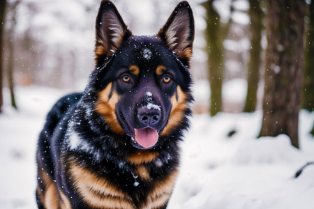 German shepherd dog in winter forest. Beautiful portrait of german shepherd dog.の素材