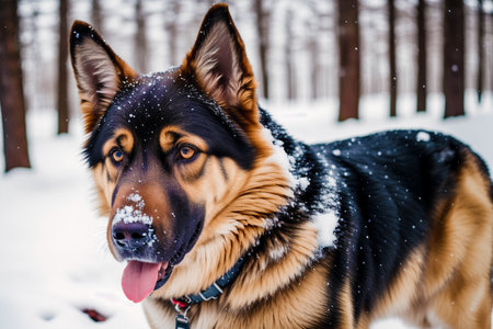 German shepherd on a walk in the winter forest. Snowfall.の素材