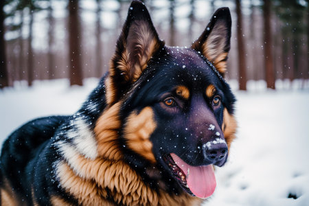 German shepherd dog in winter forest. Snowfall. Selective focus.の素材
