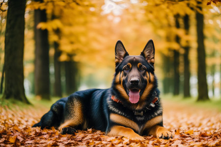 German shepherd dog lying in autumn leaves in the forest. Selective focus.の素材