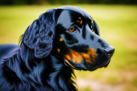 Portrait of a black dog breed Retriever on a green backgroundの素材