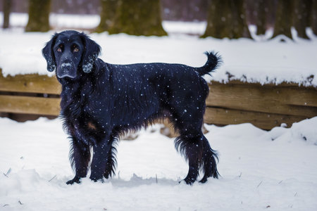 Portrait of a black dog standing in the snow on a winter dayの素材
