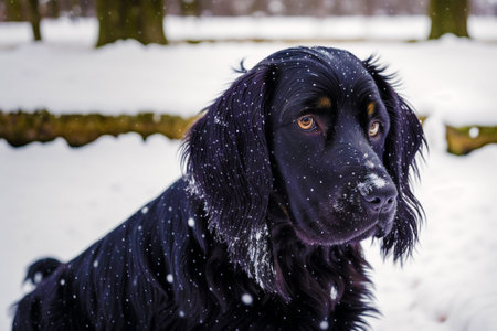 Portrait of a black dog in the snow on a winter dayの素材