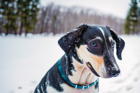 Black and white dog with blue eyes looking at camera on snow backgroundの素材