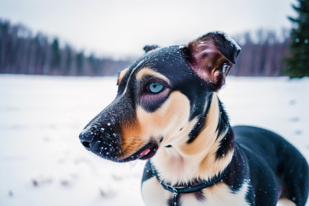 Cute dog with blue eyes and black nose in the winter forestの素材