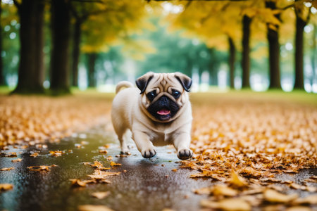 Cute pug puppy running in autumn park with yellow leaves.の素材
