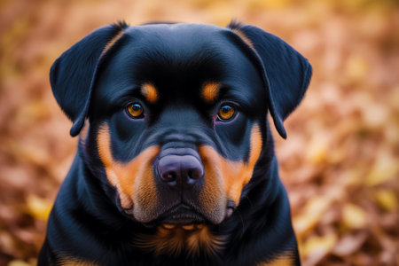 Portrait of a Rottweiler dog on autumn leaves backgroundの素材
