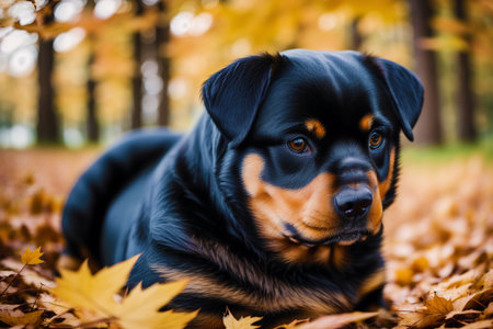 Portrait of a Rottweiler in the autumn forest.の素材
