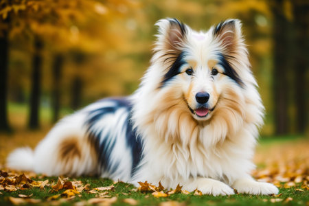 Beautiful Shetland Sheepdog sitting on the grass in autumn parkの素材