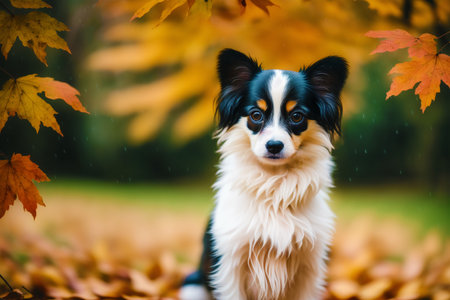 Funny portrait of a border collie dog sitting in the autumn parkの素材