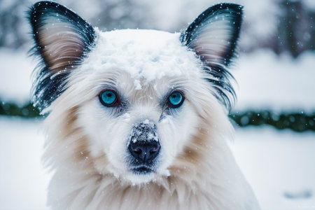 White dog with blue eyes in the snow. Beautiful white dog.の素材