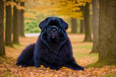Big black dog in the autumn forest with yellow leaves on the groundの素材