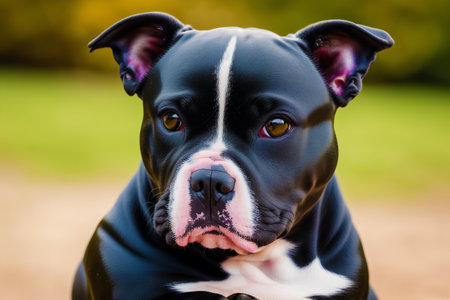 American staffordshire bull terrier dog in a park, portraitの素材